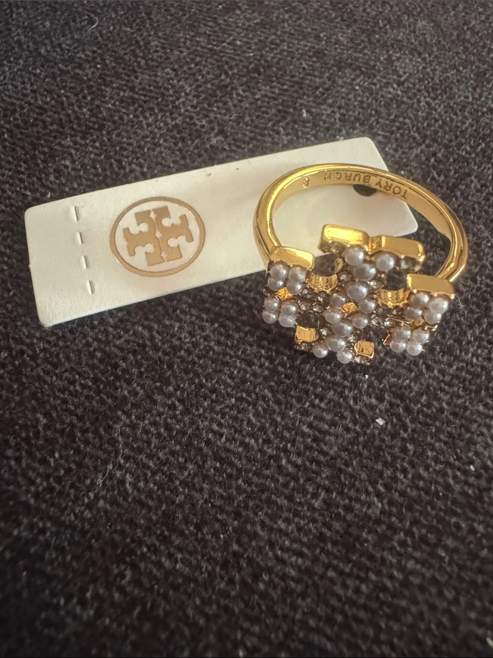 Tory Burch Kira T Gold Pearl Ring NEW $129